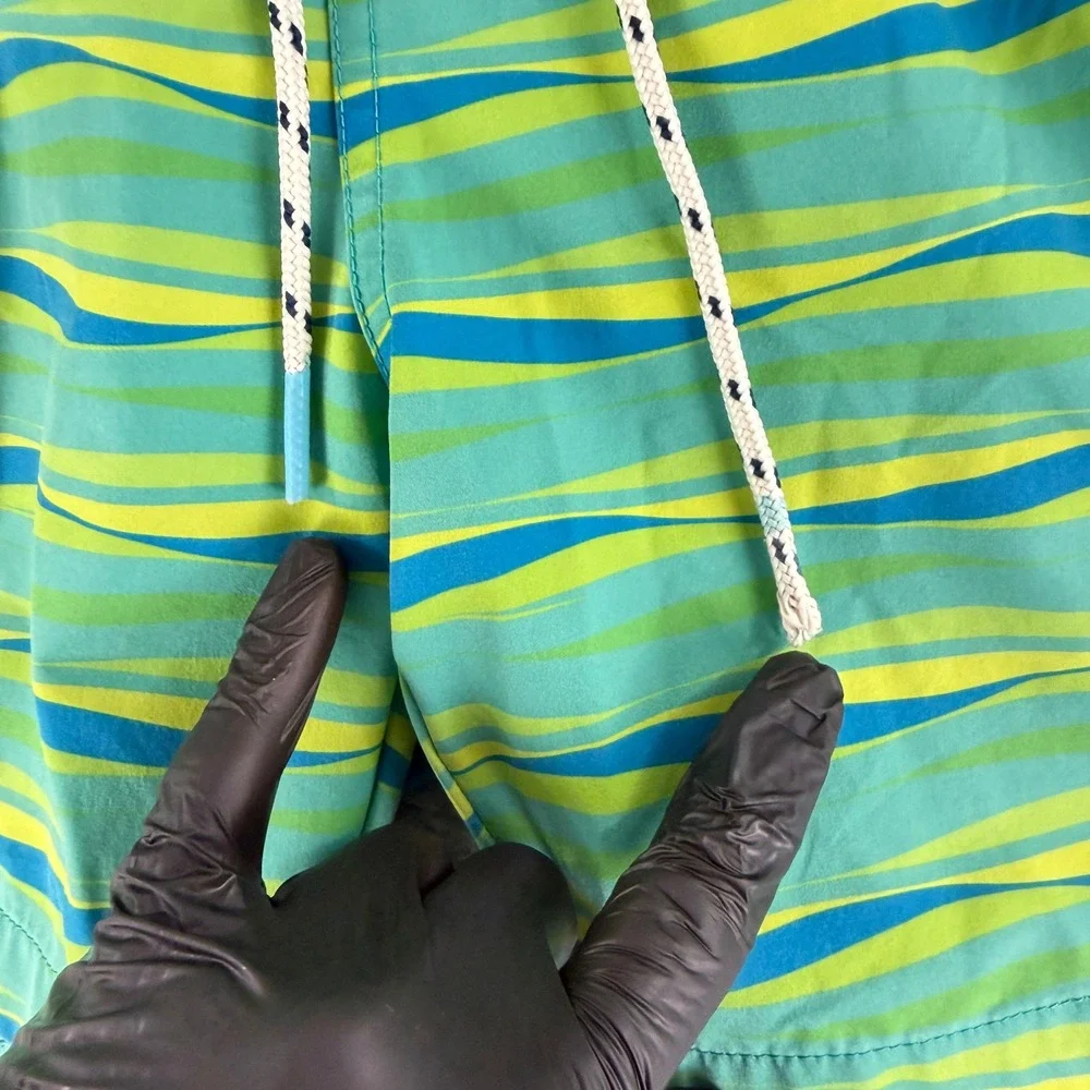 Psycho Bunny Swim Trunks Mens Medium Green Wavy Stripe Drawstring Shorts‎